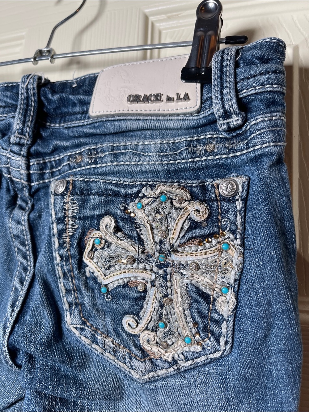 Grace in LA Blue Embroidered Flare Jeans with Rhinestone Cross Pockets - Picture 2 of 10